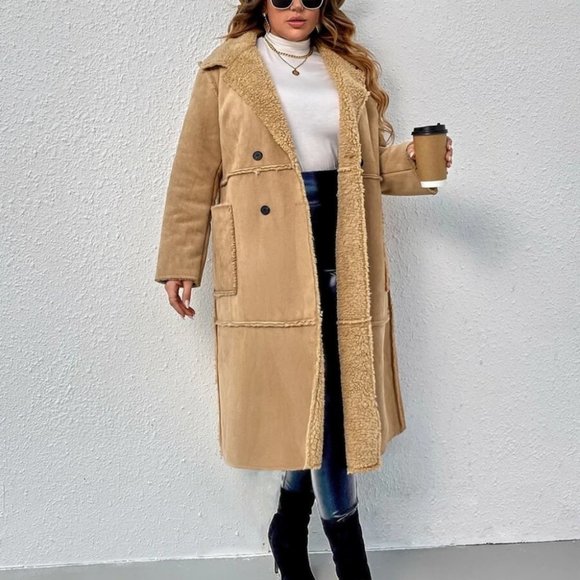 Reg or Plus Size camel Double Breasted Teddy lined faux suede Coat Jacket fall - Picture 9 of 11